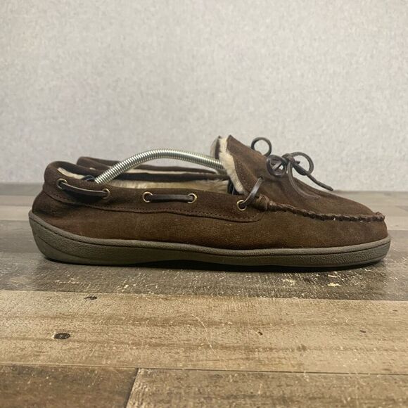 Clarks Bruno Suede Moccasin Faux Fur Slippers Dark Brown 22SH-0011 Mens Size 12M - Picture 1 of 10